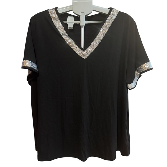 Women"s Plus 2XL‎ Black Short Sleeve Blouse Sequin V-Neck & Sleeve Cuffs NWOT - Picture 2 of 5